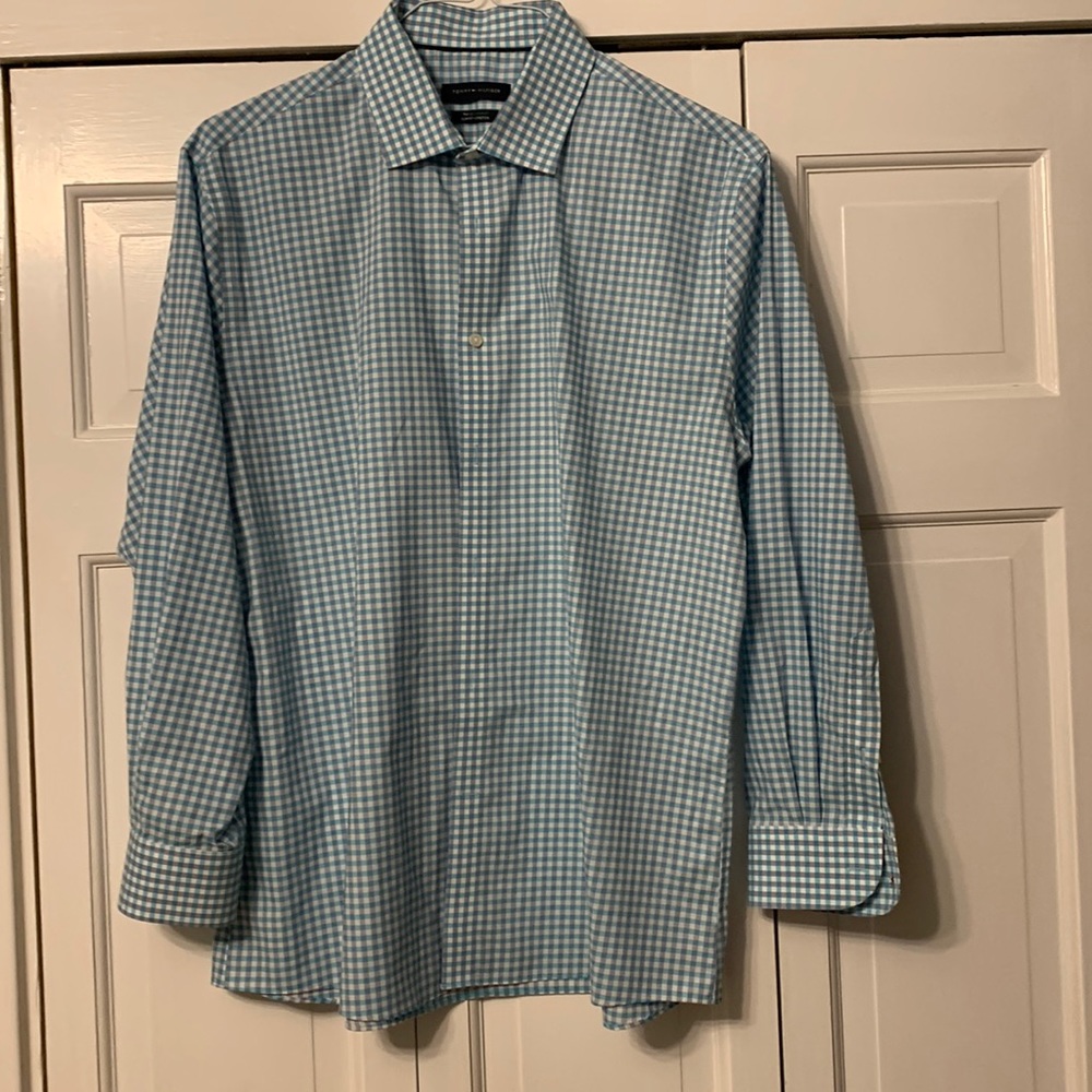 Tommy Hilfiger dress shirt. Size 17 32/33 slim fit   Aqua and grey check